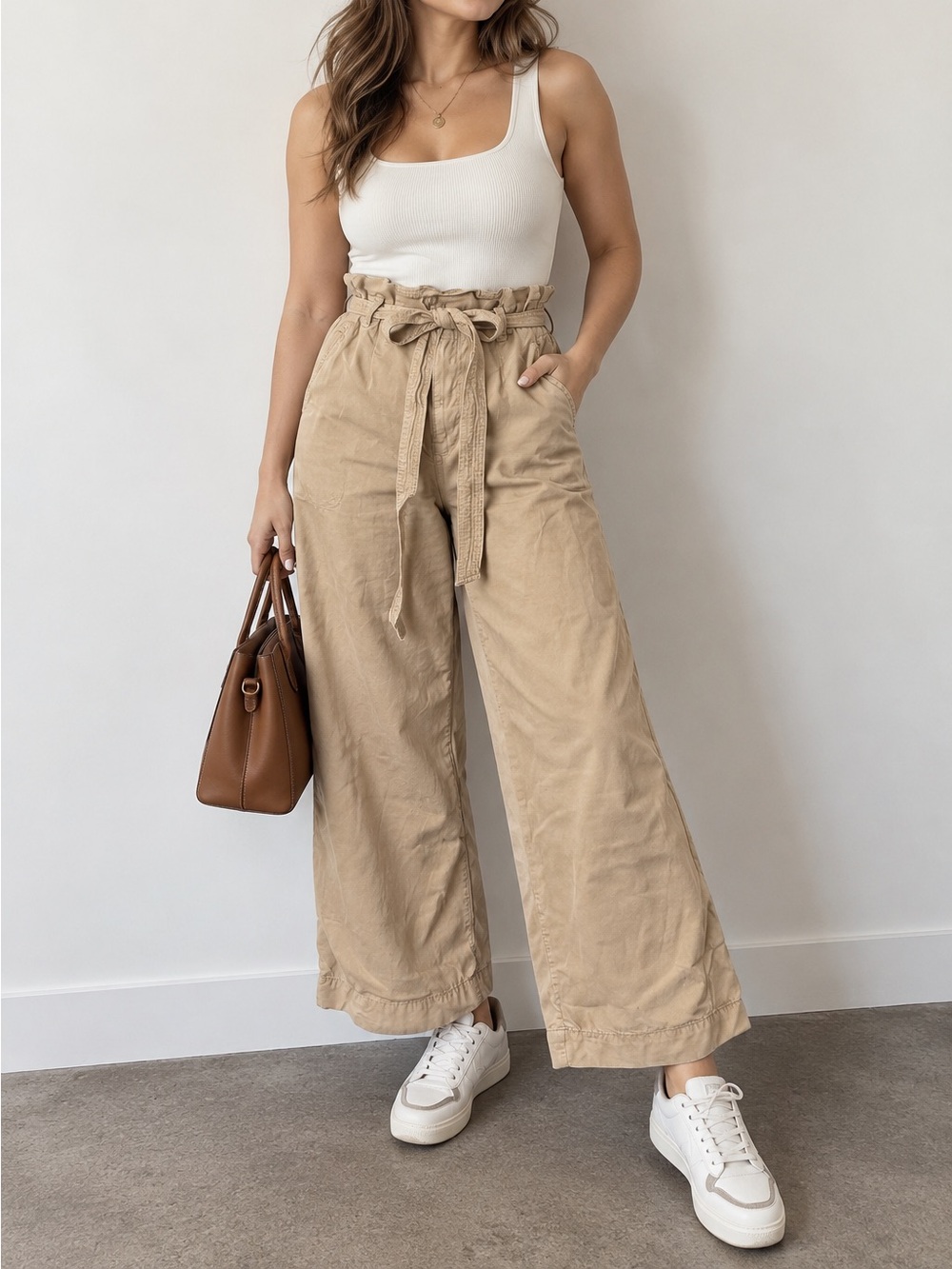 Anthropologie Tie-Waist Wide-Leg Pants in Light Tan